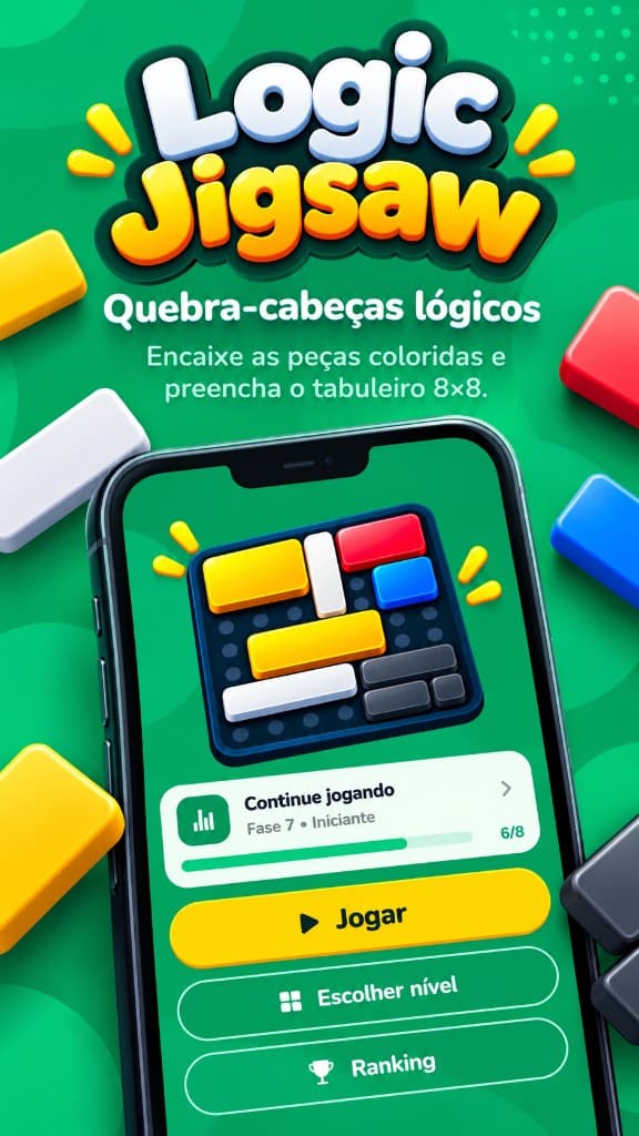 Arte do Logic Jigsaw com o celular na tela inicial, cercado por peças coloridas
